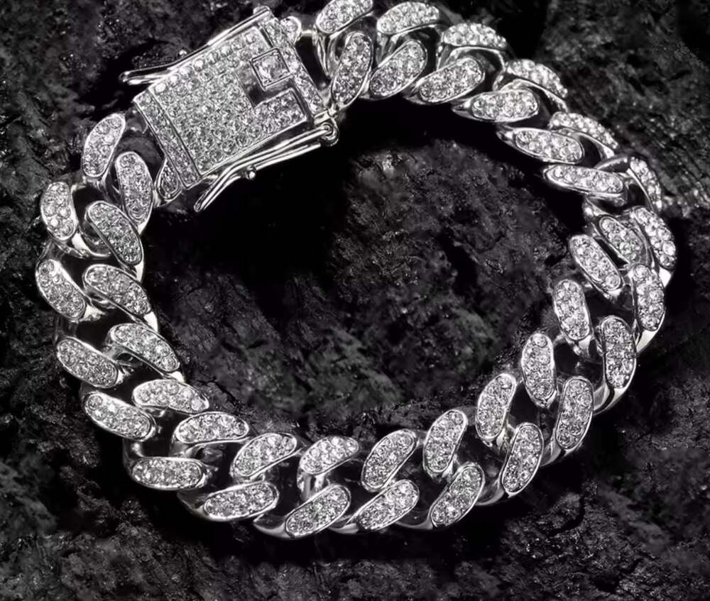 13mm Iced Out Cuban Link Chain Bracelet in White Gold Finish